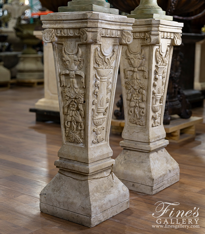 Marble Bases  - Ornate Hand Carved Pedestals In Light Travertine - MBS-080